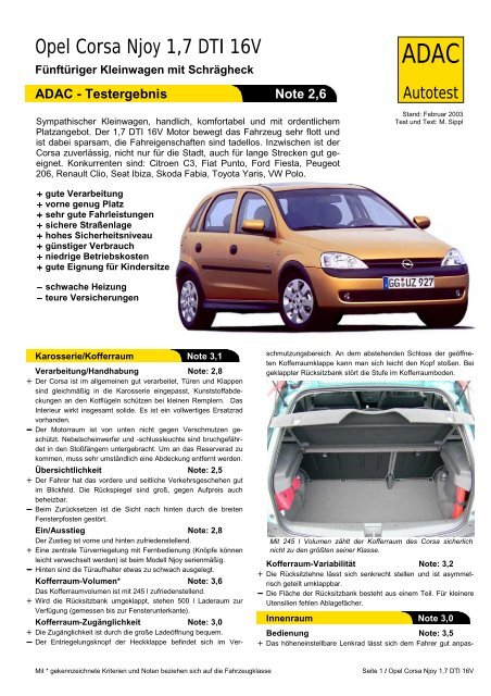Umfassender Test Opel Corsa Njoy 1,7 DTI 16V - ADAC