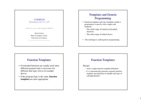 Templates and Generic Programming Function Templates Function ...