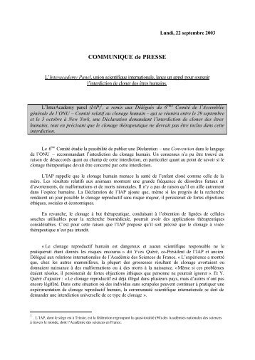 Voir le communiquÃ© de presse - AcadÃ©mie des sciences