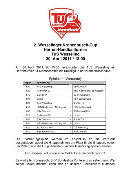 2. Wesselinger Kronenbusch-Cup Herren ... - TuS Wesseling eV