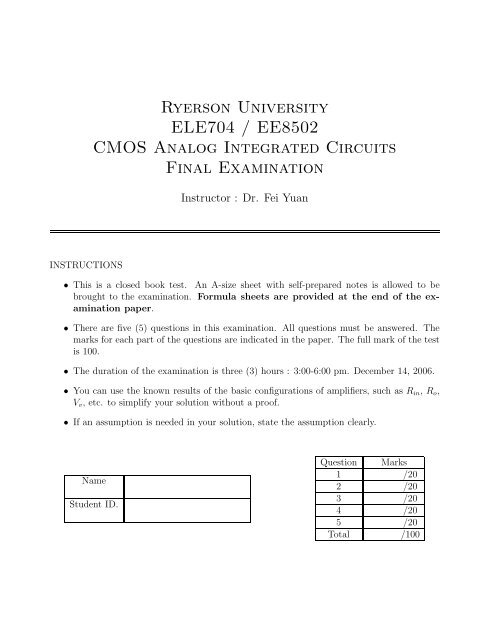 ELE704/EE8502 final examination paper (2006) - Ryerson University