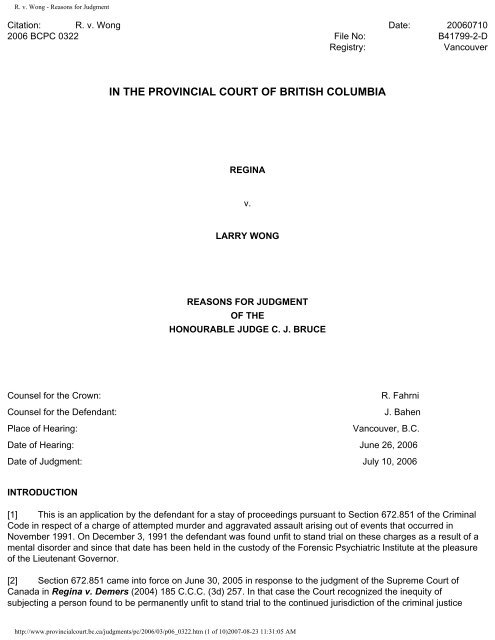 R. v. Wong - Reasons for Judgment - British Columbia Review Board