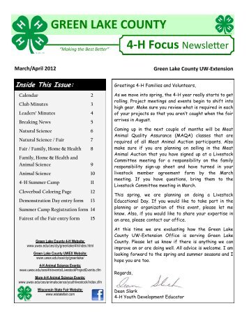 GREEN LAKE COUNTY 4-H Focus Newsletter