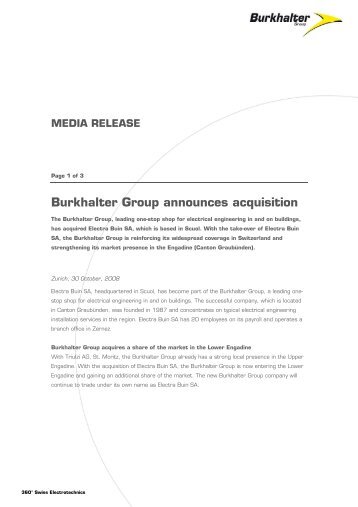 Elektro Buin SA, Scuol: Burkhalter Group announces acquisition