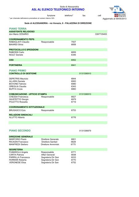 ASL AL ELENCO TELEFONICO INTERNO