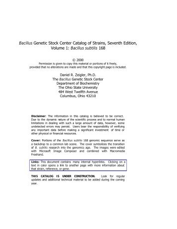 Bacillus Genetic Stock  Center Catalog of Strains, Seventh Edition ...