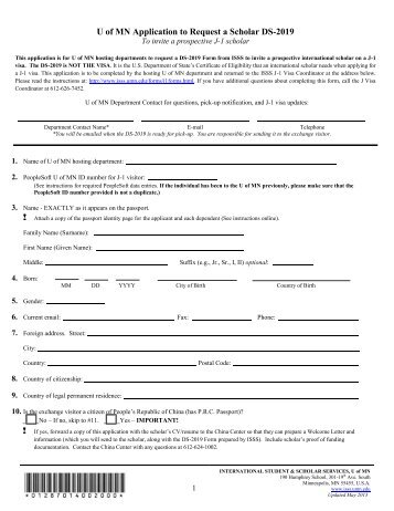 UMN Department Request for DS-2019 - ISSS Home - University of ...