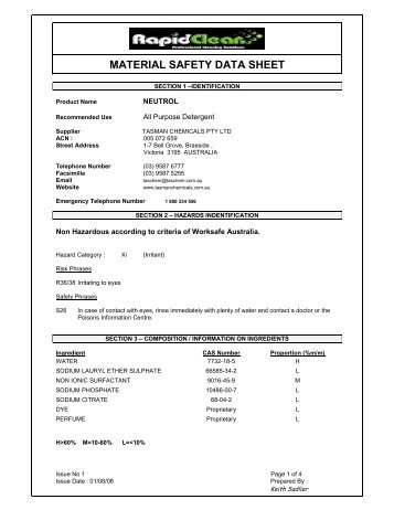 RapidClean Chemical - Neutrol - msds - Perth Cleaning Supplies