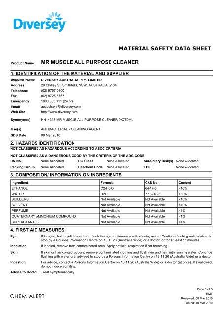 Msds Mr Muscle All Purpose Cleaner Perth Cleaning Supplies