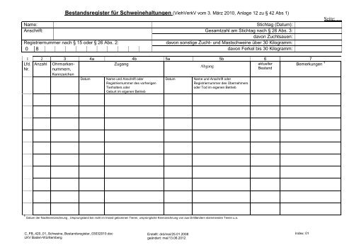 Bestandsregister fÃ¼r Schweinehaltungen (ViehVerkV vom 6