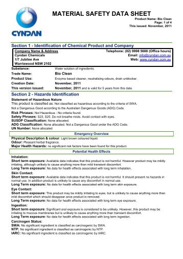 Msds Saniclean Cleaner Sanitiser Msds Bio Clean Enzyme Cleaner Cyndan Chemicals