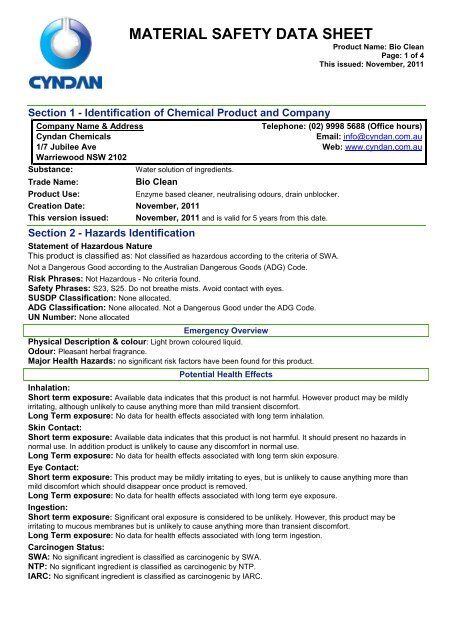 MSDS - BIO CLEAN, Enzyme cleaner - CYNDAN Chemicals