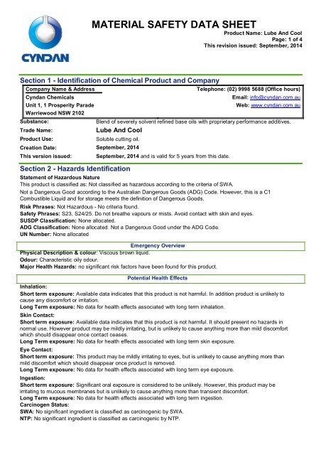 Lube & Cool - MSDS - CYNDAN Chemicals