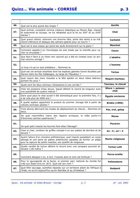 Quizzâ¦ Vie animale - CORRIGÃ p. 2 - Pass Education