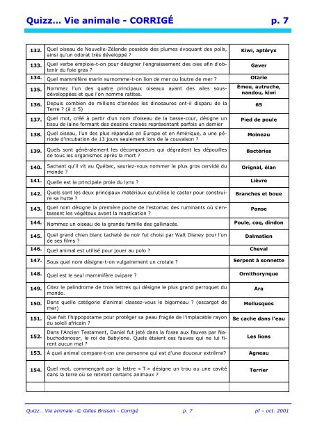 Quizzâ¦ Vie animale - CORRIGÃ p. 2 - Pass Education