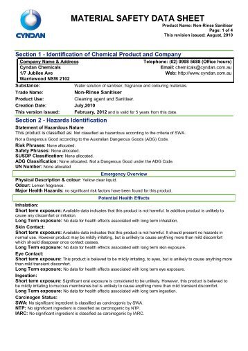 Msds Saniclean Cleaner Sanitiser Msds Cyndan Chemicals