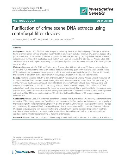 Purification of crime scene DNA extracts using centrifugal filter devices