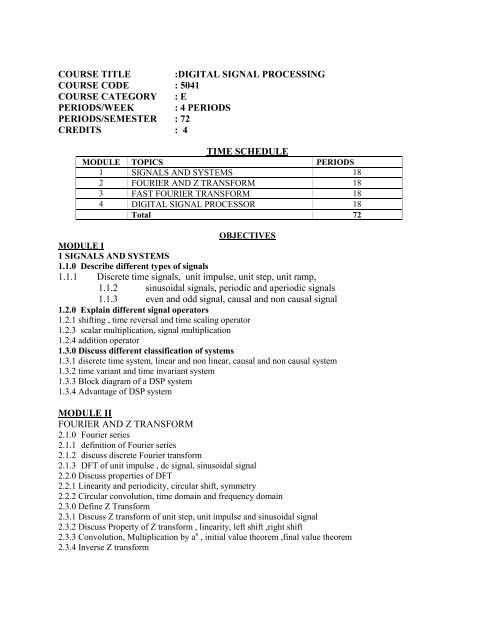 COURSE TITLE :DIGITAL SIGNAL PROCESSING COURSE CODE ...