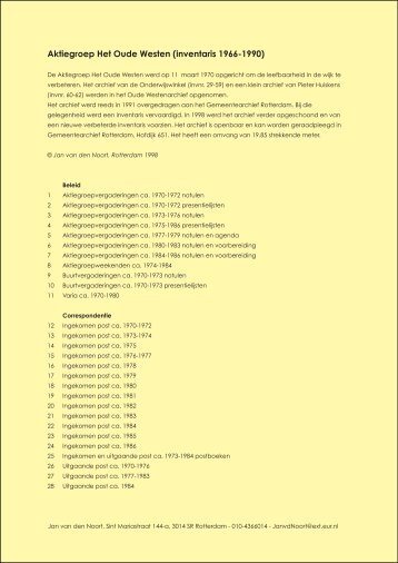 Jan van den Noort, Inventaris archief Aktiegroep Het Oude Westen ...