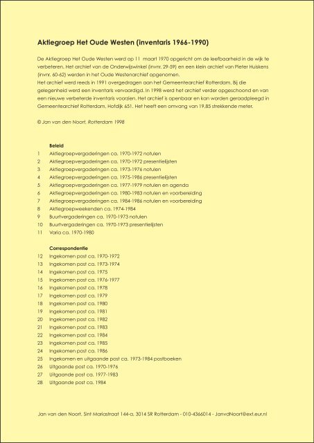 Jan van den Noort, Inventaris archief Aktiegroep Het Oude Westen ...