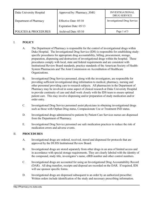 Use of Pharmacy Investigational Drug Service - Institutional Review ...