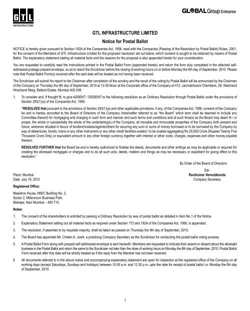 GTL INFRASTRUCTURE LIMITED Notice for Postal Ballot