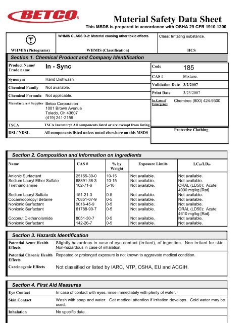 185 In-Sync MSDS English - Betco Corporation