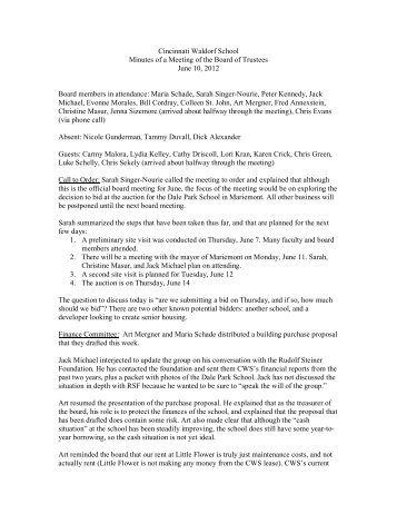 Cincinnati Waldorf School Minutes of a Meeting of the Board of ...