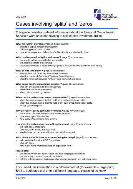 cases involving 'splits' and 'zeros' - Financial Ombudsman Service