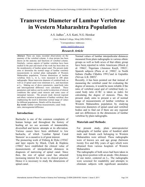 Transverse Diameter of Lumbar Vertebrae in Western ... - Statperson