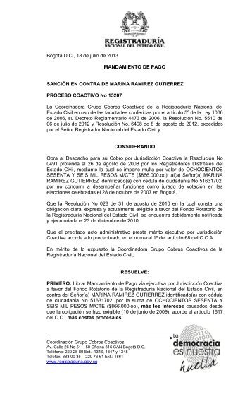 BogotÃ¡ D.C., 18 de julio de 2013 MANDAMIENTO ... - Registraduria