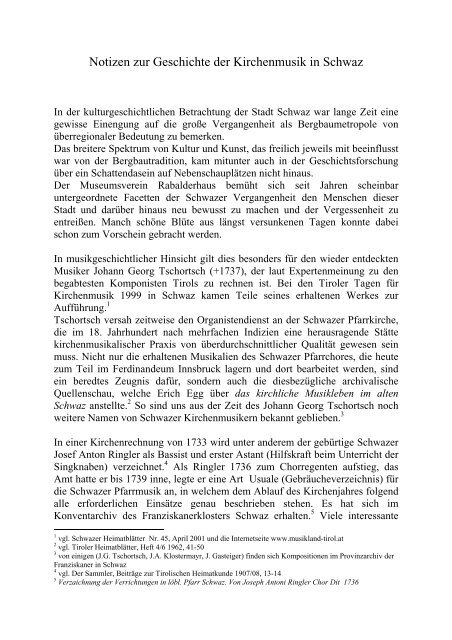Notizen zur Geschichte der Kirchenmusik in Schwaz