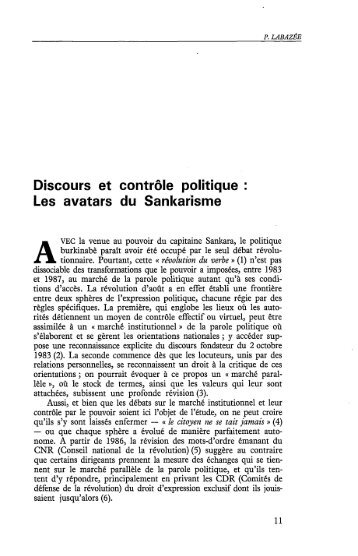 Discours et contrÃ´le politique : les avatars du ... - Politique Africaine