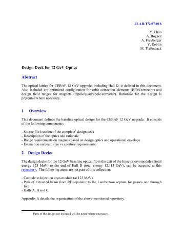 Design Deck for 12 GeV Optics - JLab Tech Notes Home Page