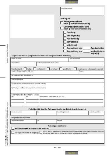 Antrag auf Erteilung einer Reisegewerbekarte nach Â§ 55 ...