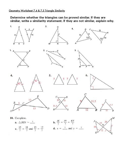 Geometry Worksheet 7.4 & 7.5 Triangle Similarity - Saratoga High ...