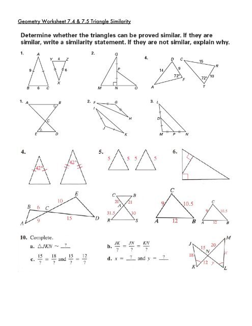 Geometry Worksheet 7.4 & 7.5 Triangle Similarity - Saratoga High 