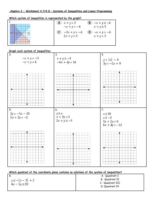 Algebra 2 - Worksheet 4.7/4.8 â€“ Systems of Inequalities and Linear 