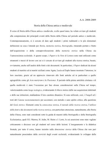 STORIA DELLA CHIESA ANTICA E MEDIEVALE