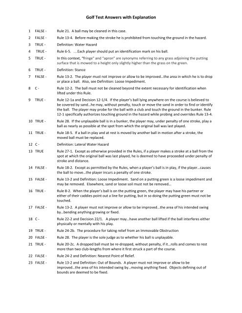 Golf Test Answers with Explanation - tapps