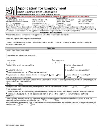 Application for Employment - Basin Electric Power Cooperative