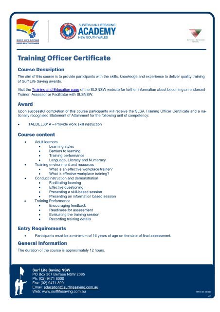 Training Officer Certificate Course Overview v2 - Surf Life Saving NSW