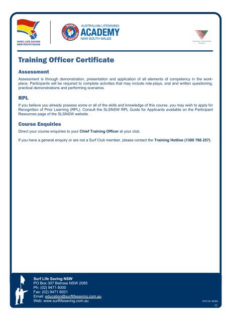 Training Officer Certificate Course Overview v2 - Surf Life Saving NSW