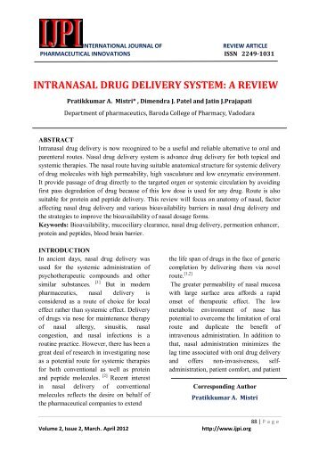 INTRANASAL DRUG DELIVERY SYSTEM: A REVIEW - IJPI