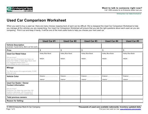 Used Car Comparison Worksheet from Enterprise Car Sales