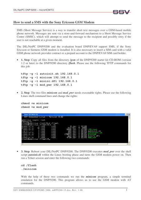 to send a SMS with the Sony Ericsson Modem DIL/NetPC