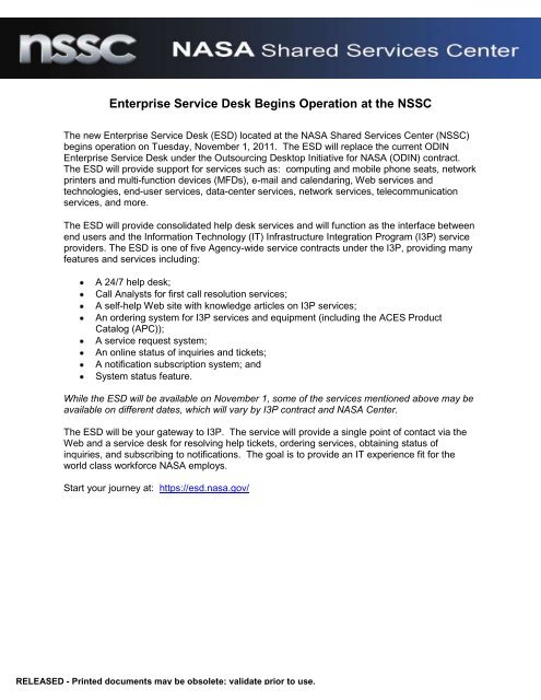 Enterprise Service Desk Begins Operation at the NSSC - Nasa