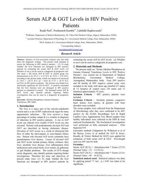 Serum ALP & GGT Levels in HIV Positive Patients - Statperson