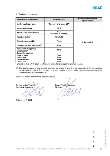 DECLARATION OF PERFORMANCE According to regulation ... - Esal