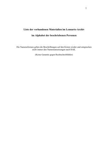 Liste der vorhandenen Materialien im Lennartz-Archiv im